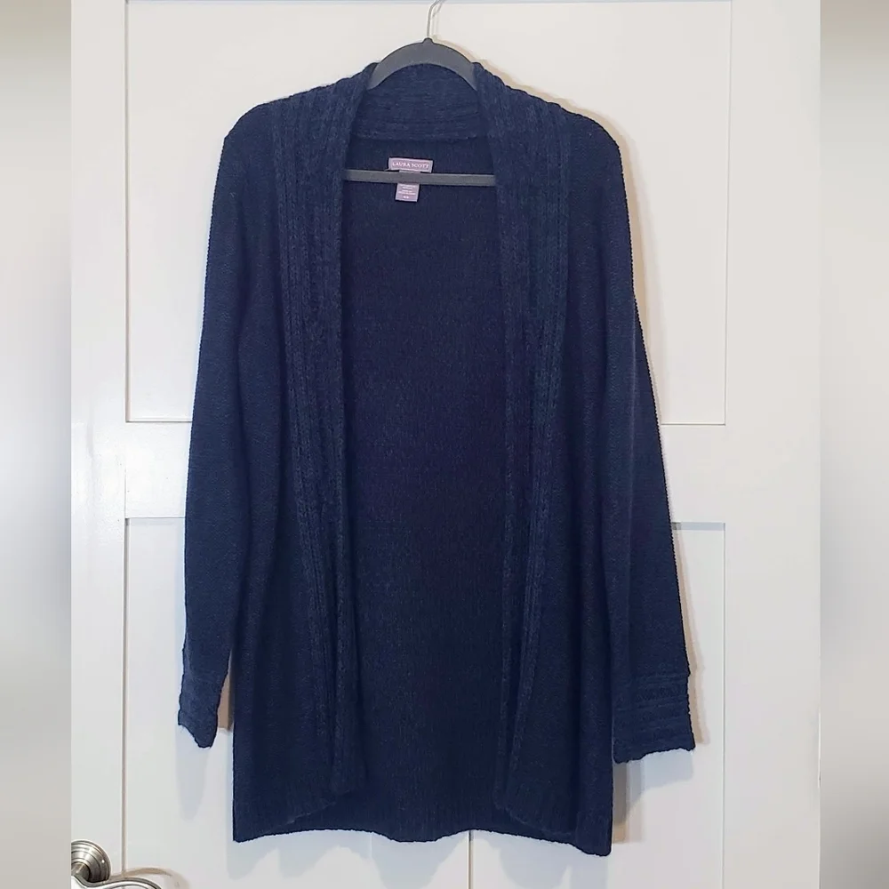 Laura Scott Cardigan Sweater Marled Blue Open Knit Size Medium Machine Wash